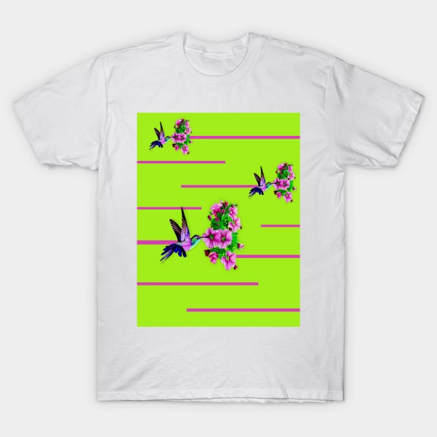 Hummingbirds and pink flowers on green T-Shirt by YamyMorrell